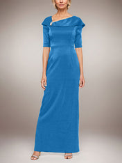 Long Shimmer Column Dress with Foldover Cuff L-Neckline and Elbow Sleeves