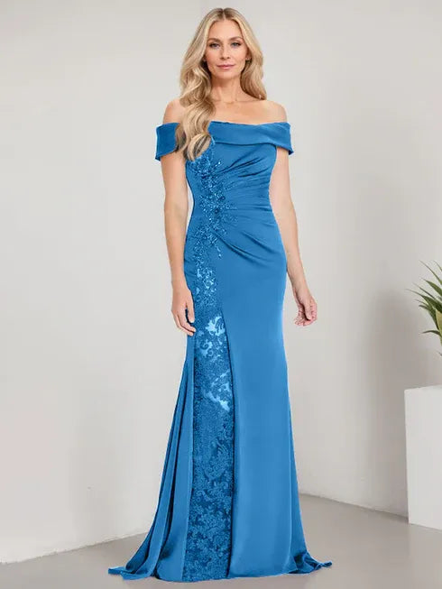 A-Line Off the Shoulder Floor-Length Mother of the Bride Dress Applique Beadings Mermaid Dress With  High Split