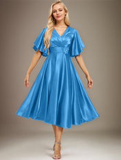 A-line V-Neck Tea-Length Stretch Satin Mother of the Bride Dress With Beading Pleated