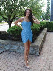 Light Blue Spaghetti Straps Sequin Short Homecoming Dress with Crystals