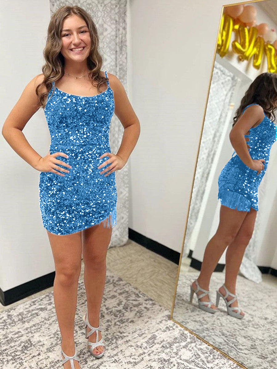 Royal Blue Fitted Spaghetti Straps Short Sequin Homecoming Dress
