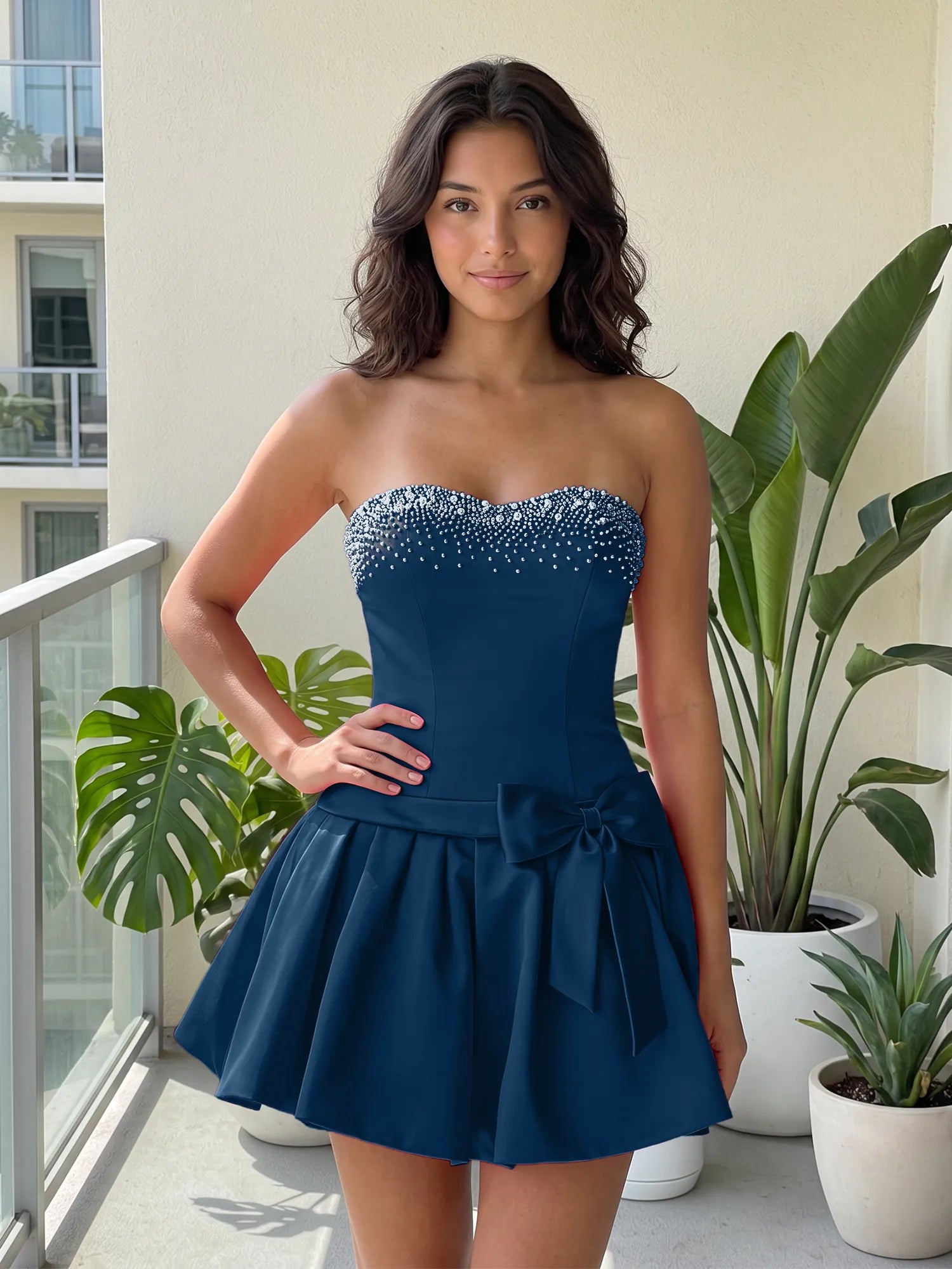 Fuchsia Pearl Corset Short Homecoming Dresses Large Waist Bow Lace Up Back