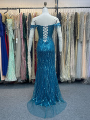 Ocean Blue Off The Shoulder Sequin Long Prom Dress