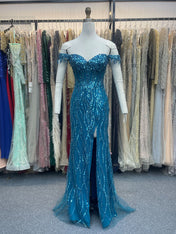 Ocean Blue Off The Shoulder Sequin Long Prom Dress