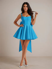 A-Line Square Neck Pleated Mini Homecoming Dress with Bow
