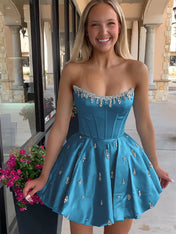 Sparkly Satin A Line Short Corset Homecoming Dress with Rhinestones