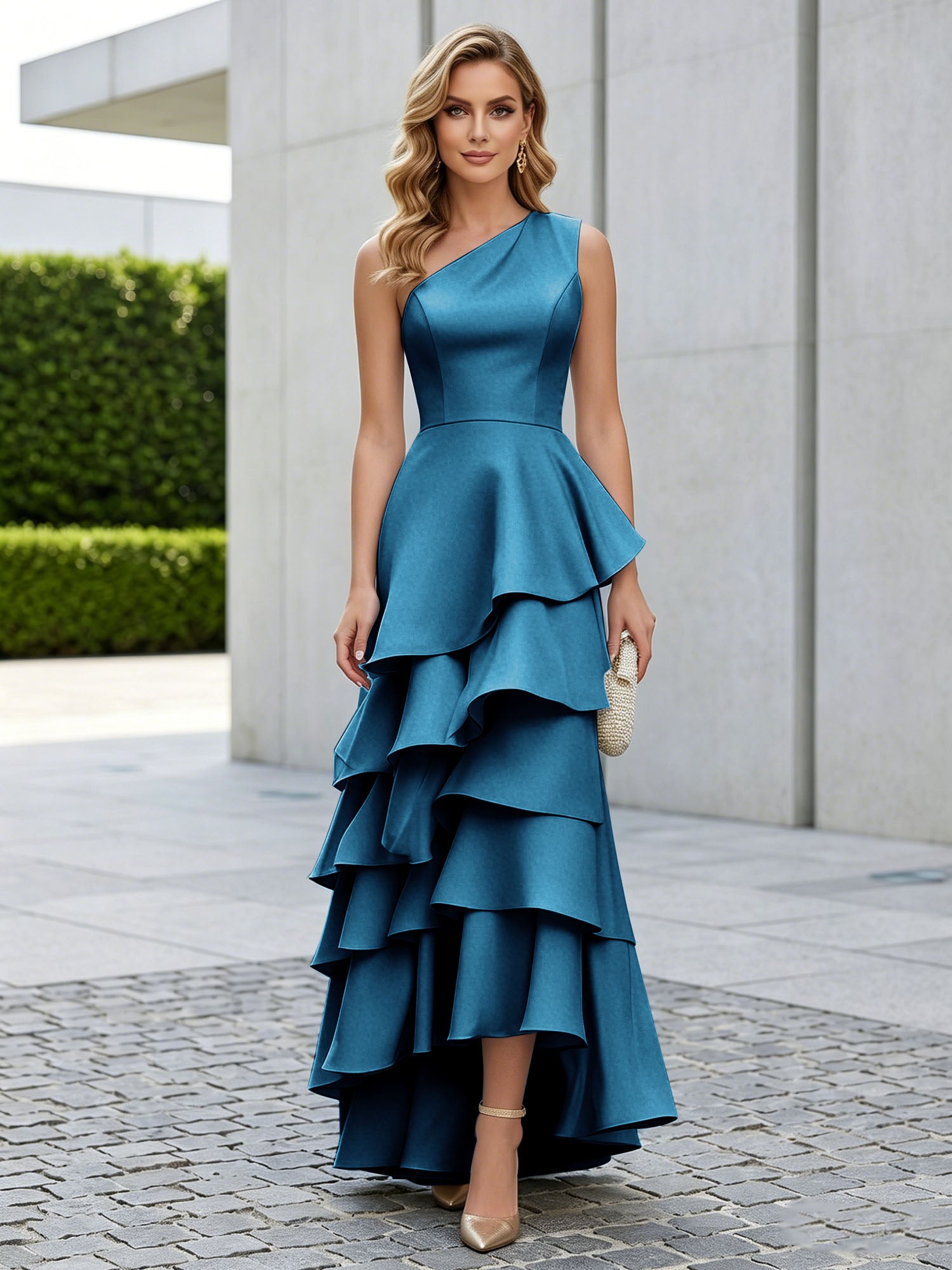One Shoulder Tiered Ruffle Satin Mermaid Evening Gown with Sculptural Layers