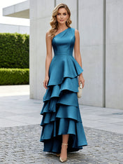 One Shoulder Tiered Ruffle Satin Mermaid Evening Gown with Sculptural Layers