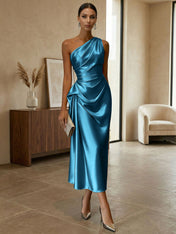 Champagne Ruched Satin One Shoulder Sleeveless Sheath Midi Dress