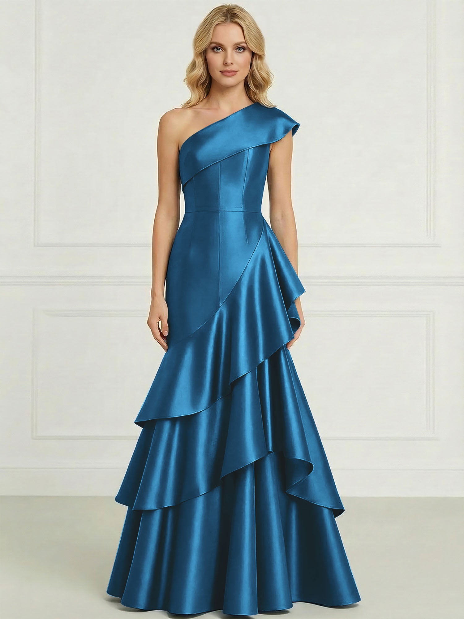 Formal Evening Dress Dark Blue One-Shoulder Satin Tiered Maxi Gown