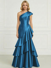 Formal Evening Dress Dark Blue One-Shoulder Satin Tiered Maxi Gown