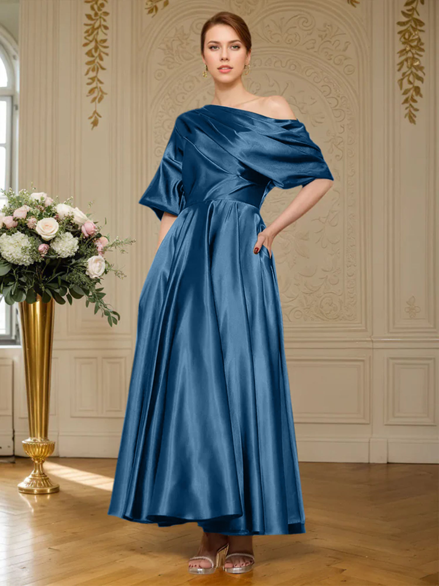 A-line Short Sleeves Pleated Ankle-Length Silk like Satin Mother of the Bride Dress