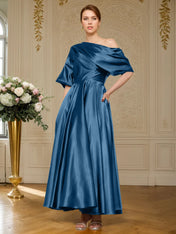 A-line Short Sleeves Pleated Ankle-Length Silk like Satin Mother of the Bride Dress