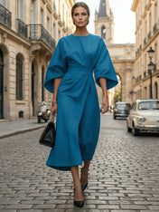 Loose Batwing Sleeve Dress Tight Waist Solid Color Elegant Dresses