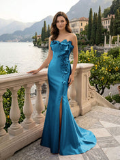 Pink Sweetheart Neckline 3D Flower Embellished Mermaid Evening Gown Maxi Dress