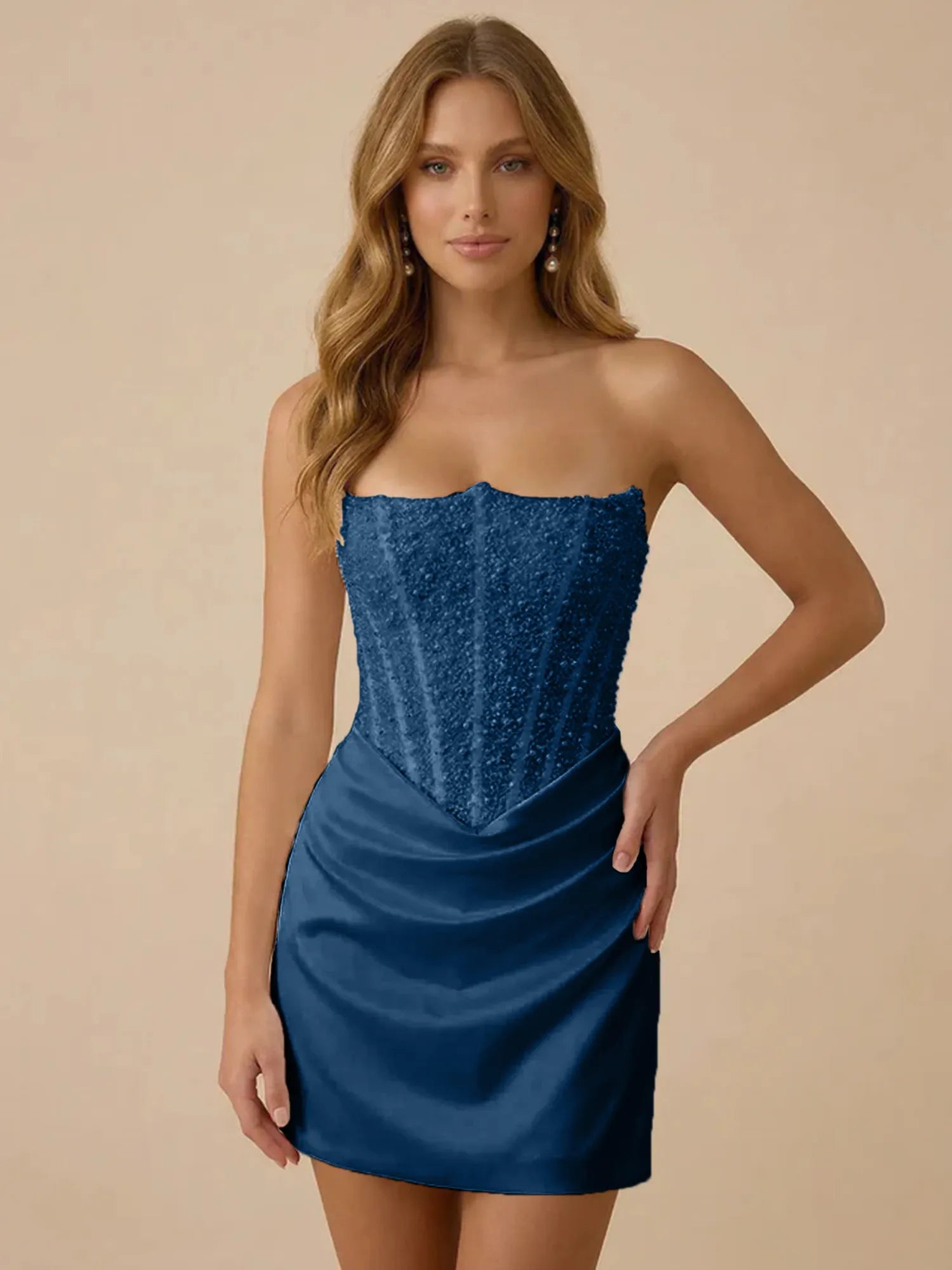 White Strapless Sequin Beaded Satin Short Homecoming Dress with Corset