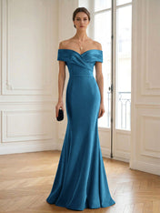 Formal Wedding Guest Dress Navy Off Shoulder Maxi Mermaid Dress