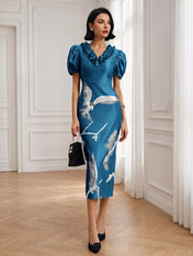 Black Folds V Neck Puff Sleeve Midi Sheath Dress