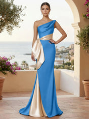 One Shoulder Mermaid Satin Pleat Evening Dresses with Bow