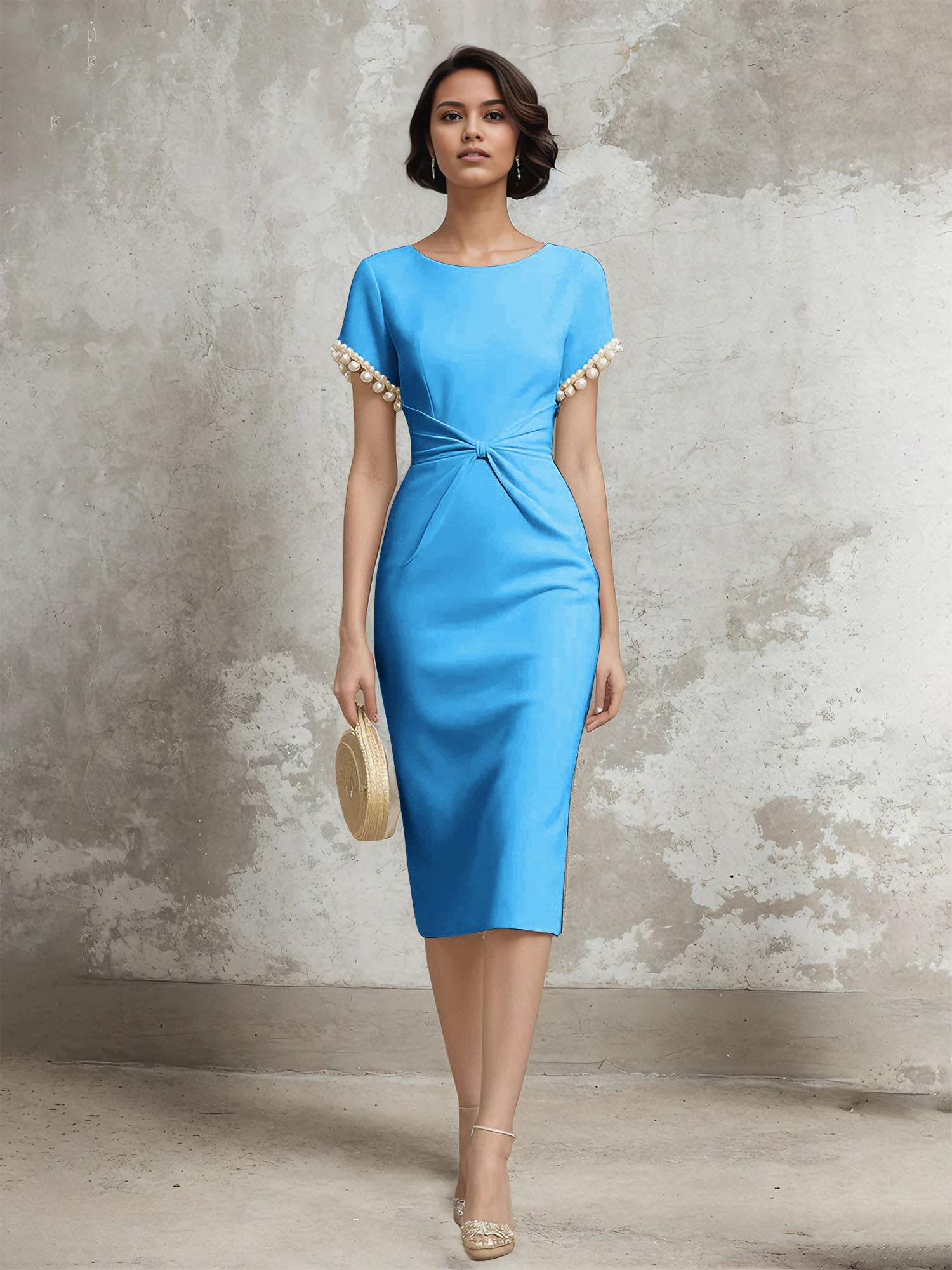White Stretch Crepe Sheath/Column Short Sleeve Tea Length Dress With Pearls