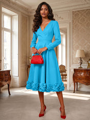 Formal Evening Gown Crimson 3D Rose Hem A-Line Midi Dress