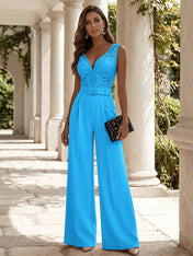 Women Pink Lace Deep V Neck Sleeveless Dressy Jumpsuit
