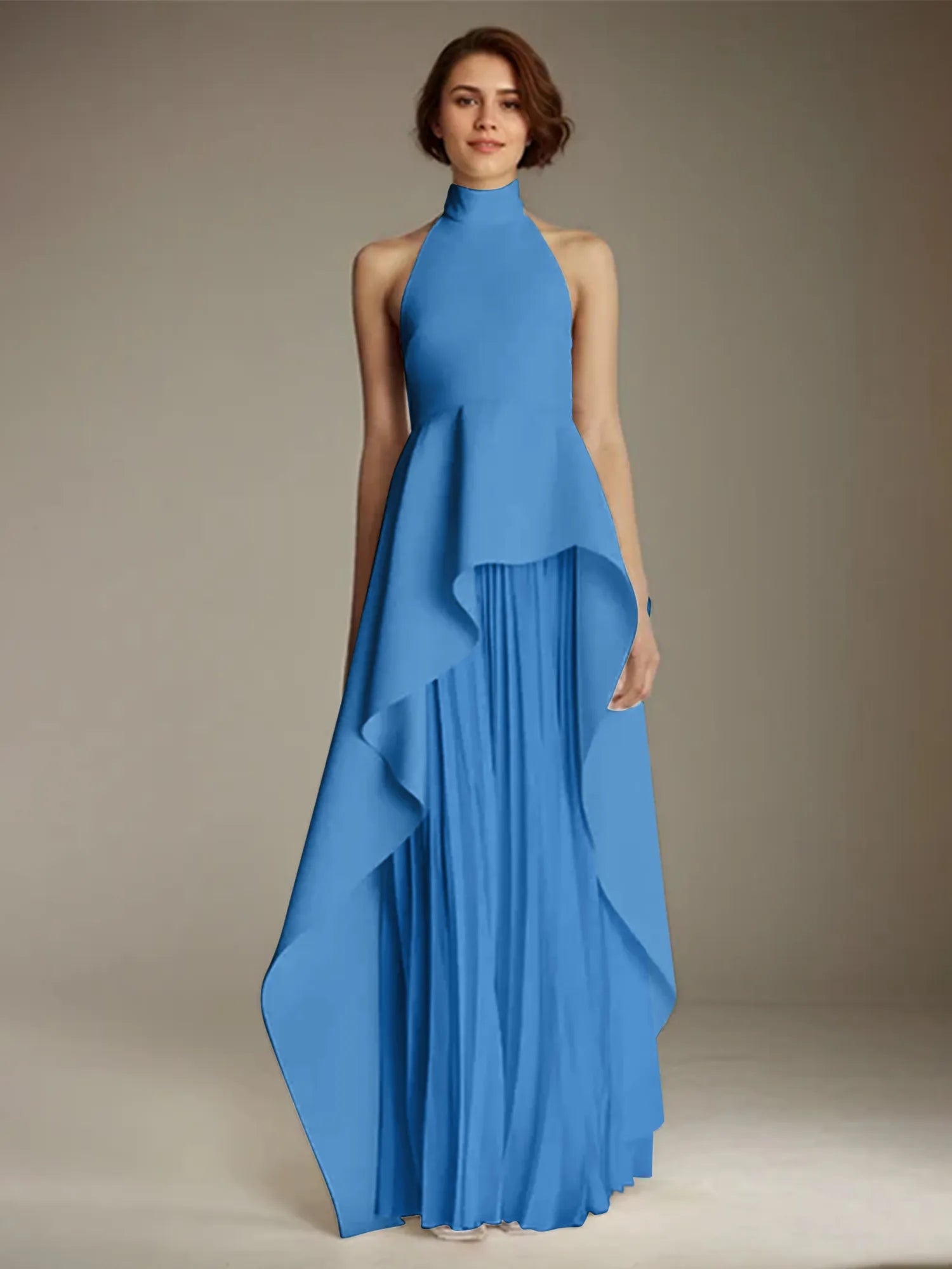 White Sleeveless High Neck Chiffon Long Formal Dress With Ruffles