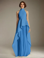 White Sleeveless High Neck Chiffon Long Formal Dress With Ruffles