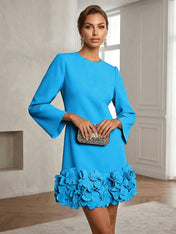Powder Blue 3D Floral Classic Crew Neck Bell Long Sleeve Shift Mini Dress