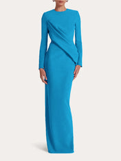 Red Sheath/Column Scoop Long Sleeves Chiffon Floor-Length Ruffles Formal Dress