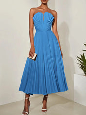 White Pleated Classic Strapless Sleeveless A-Line Midi Dress