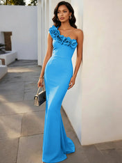 Navy Blue 3D Floral Classic One Shoulder Sleeveless Mermaid Gown Dress