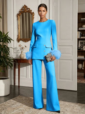Women's White Two-Piece Set: Buckle Detail Feather-Trimmed Top & Straight-Leg Pants