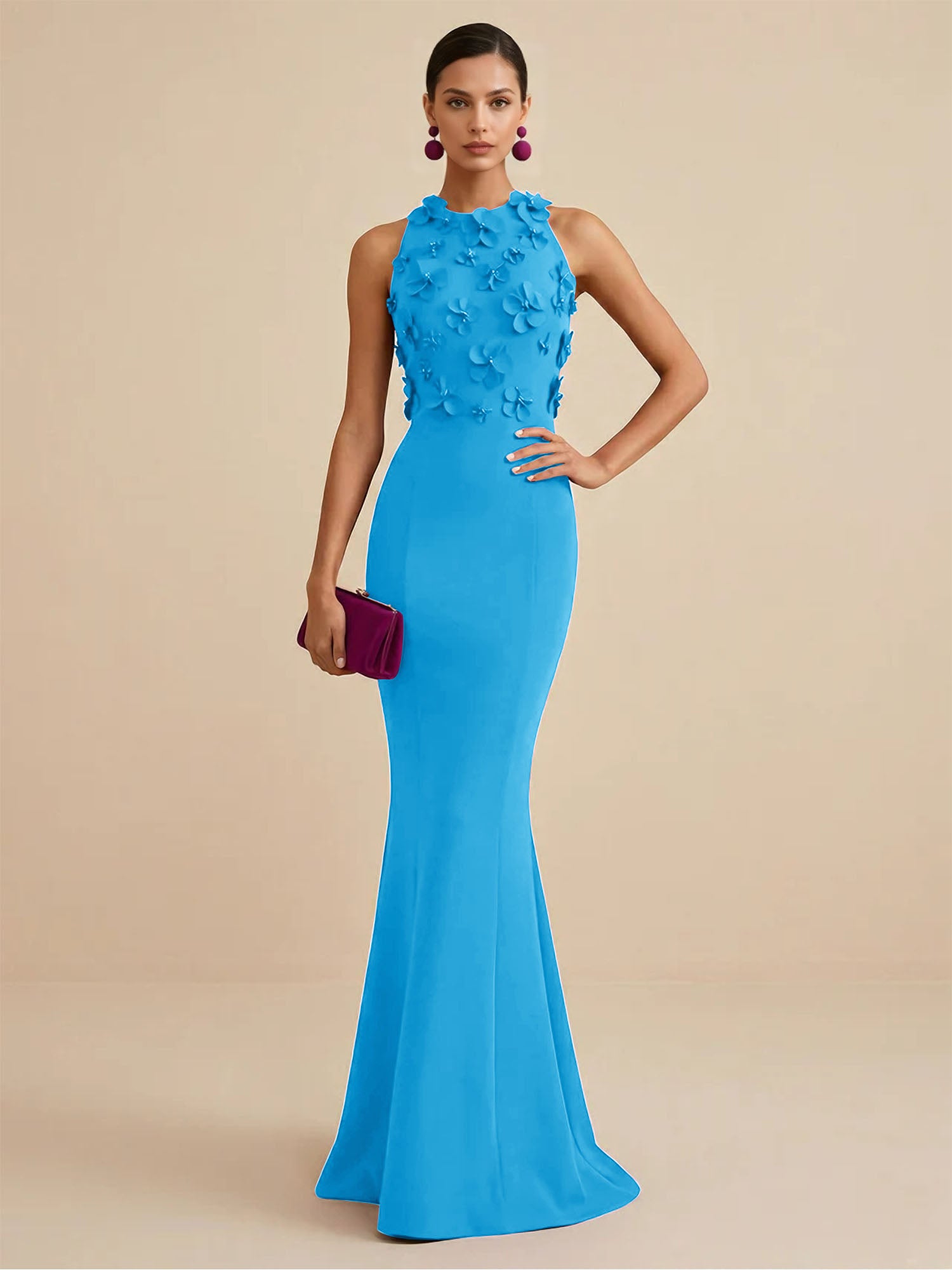 Deep Fuchsia Sleeveless High Neck 3D Floral Mermaid Formal Gown Evening Dress