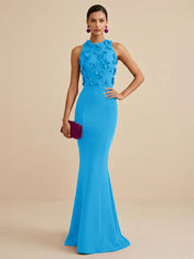Deep Fuchsia Sleeveless High Neck 3D Floral Mermaid Formal Gown Evening Dress