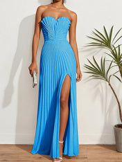 Pleated Classic Strapless Sleeveless A-Line Maxi Dress