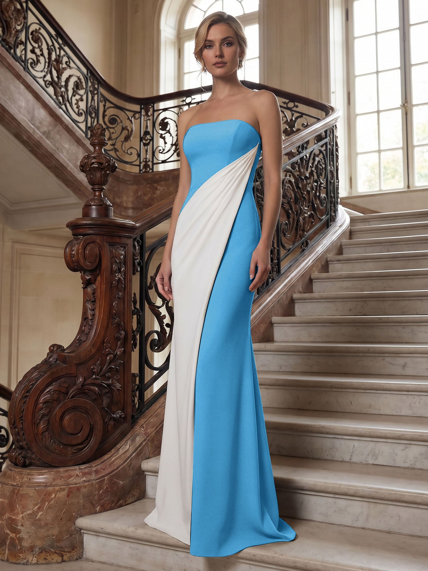 Black White Sheath Strapless Elegant Maxi Formal Dress