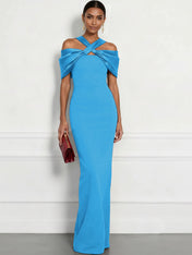 Regal Plum Crepe Column Gown with Satin Criss-Cross Halter Maxi Dress