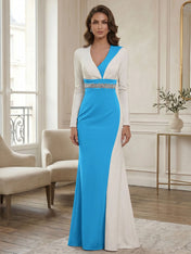 Elegant Navy & White Color-Block Long Sleeve Floor-Length Evening Gown Formal Dresses
