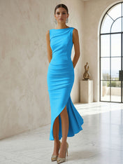 Elegant Formal Evening Gown Butter Yellow Ruched Asymmetrical Midi Dress
