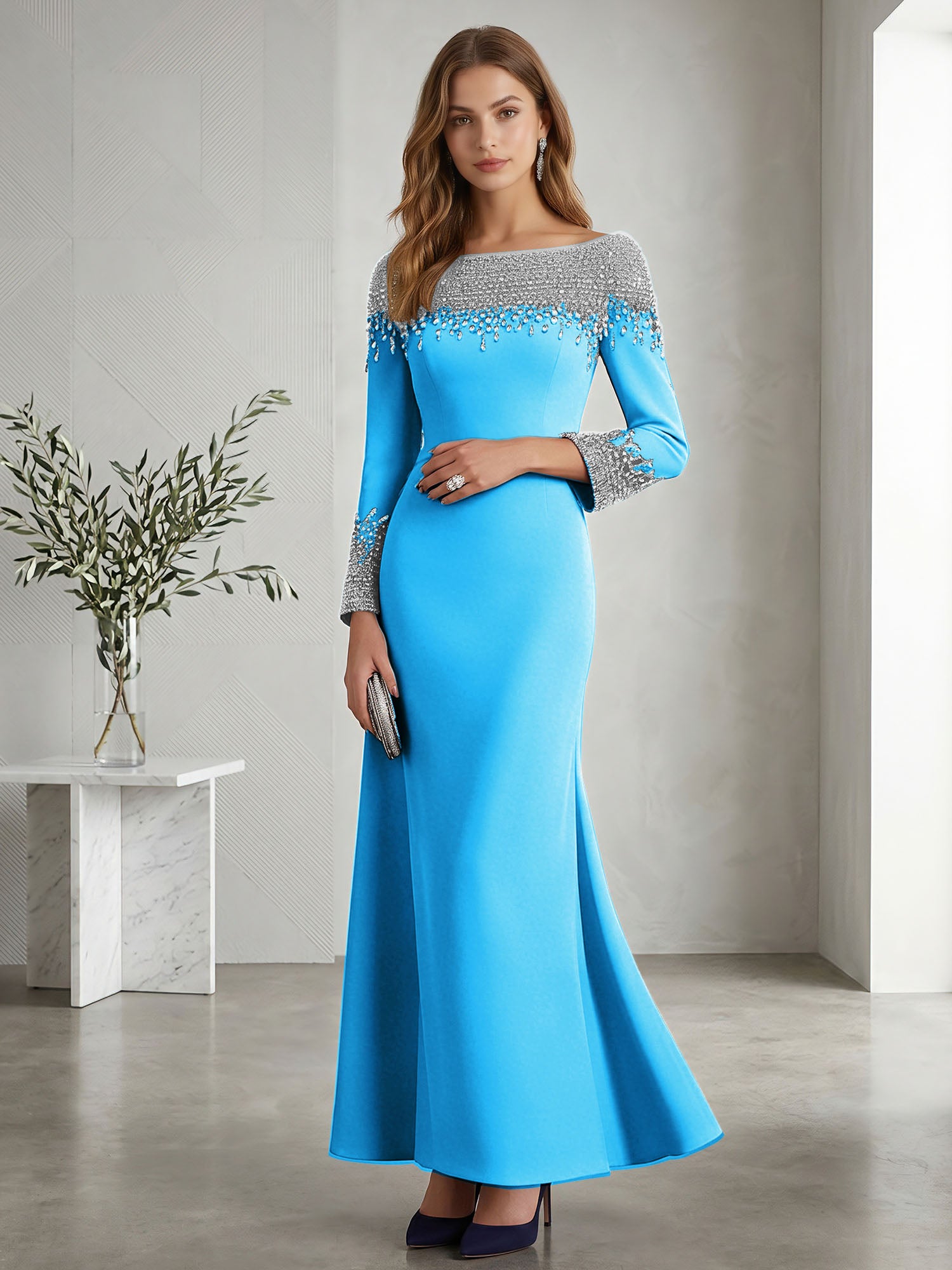 Formal Evening Dress Midnight Navy Velvet Long Sleeves Maxi Dress with Crystal