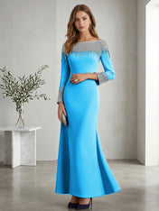 Formal Evening Dress Midnight Navy Velvet Long Sleeves Maxi Dress with Crystal