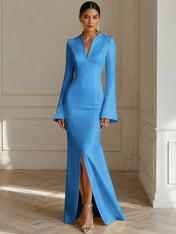 Formal Yellow V Neck Long Sleeves Floor Length Dress With Slit