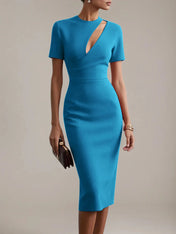Red Sheath/Column Stretch Crepe Scoop Neck Short Sleeves Tea Length Dresses