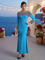 Formal Evening Dress Blue Velvet Long Sleeves Maxi Dress with Crystal