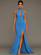 Mermaid Halter Neck Satin Formal Dress with Slit