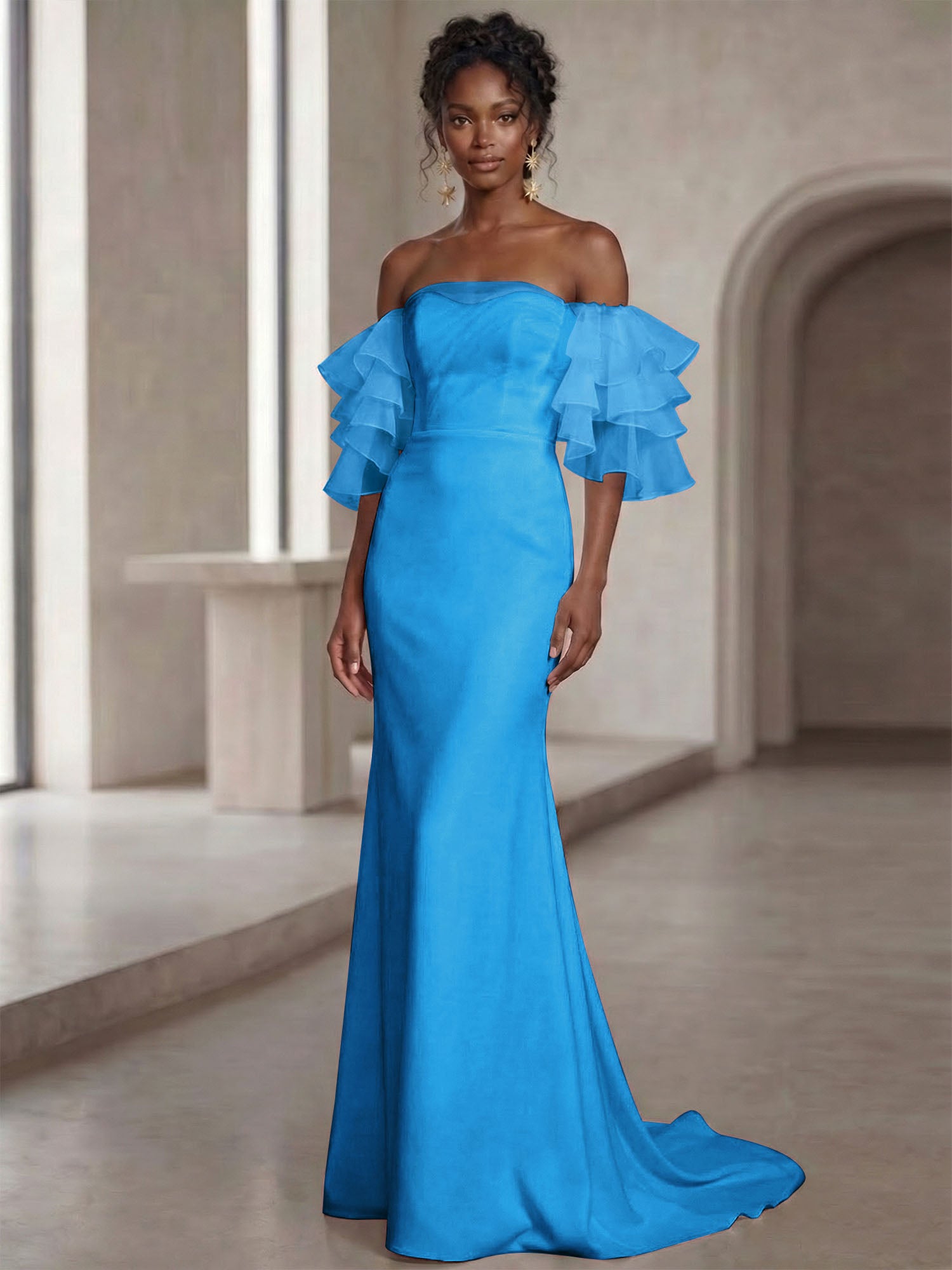 White Mermaid Off the Shoulder Ruffled Long Wedding Reception Dress