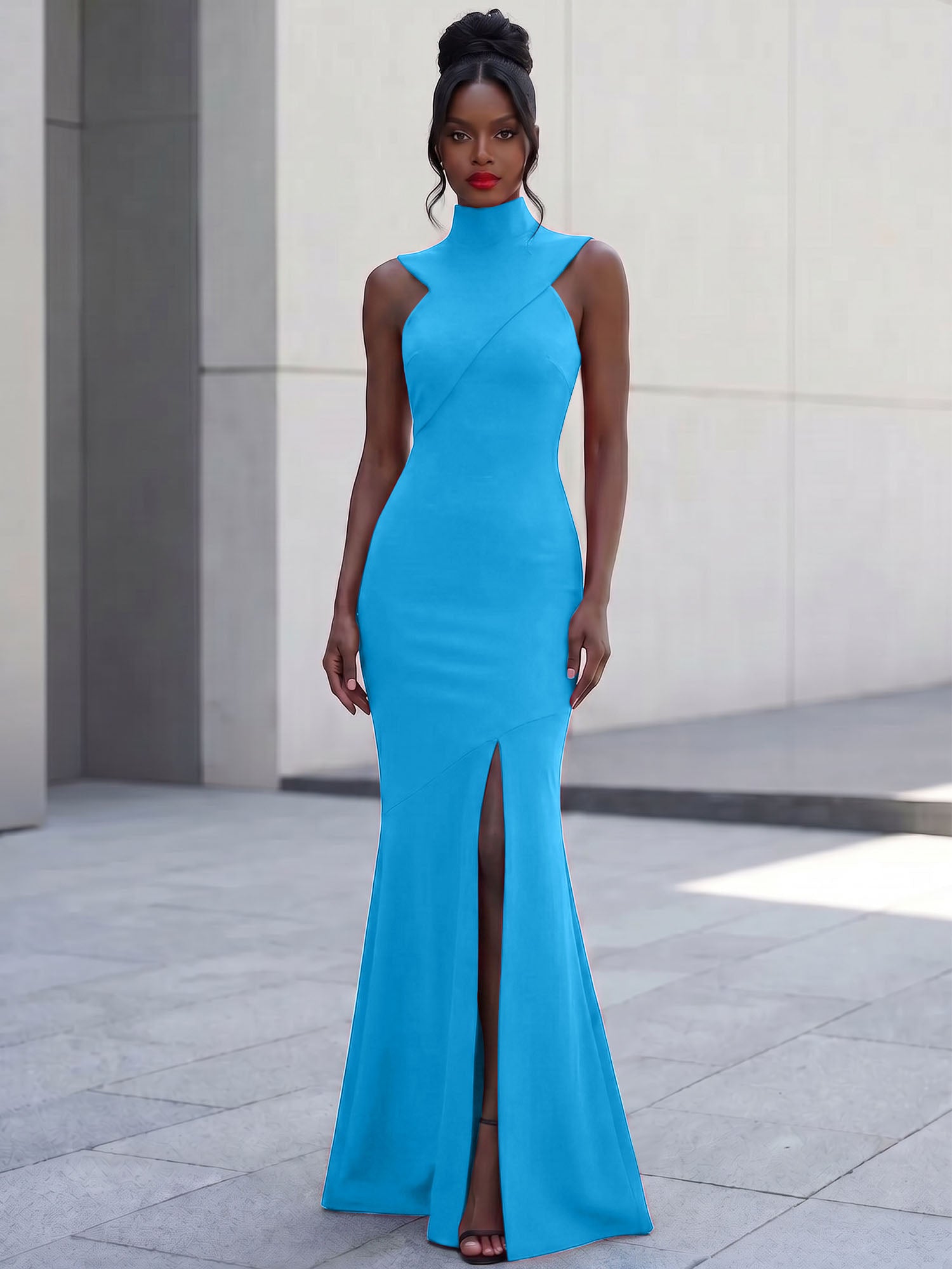 High-Neck Cross-Bodice Sleeveless Maxi Dress