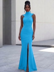 High-Neck Cross-Bodice Sleeveless Maxi Dress