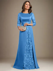 Robe de mère de la mariée en satin et dentelle, coupe trapèze, longueur au sol, avec appliques 